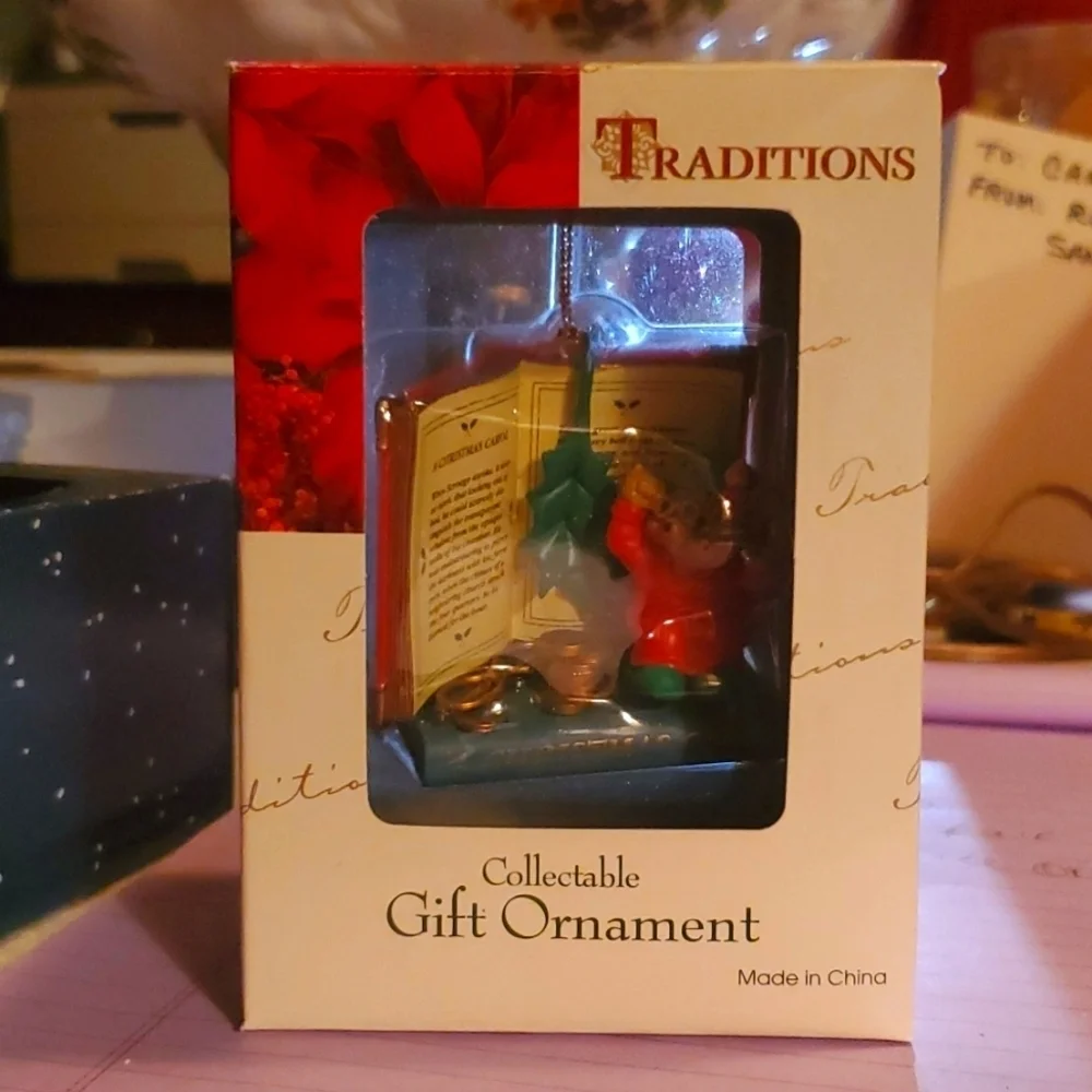 Vintage Christmas Tree Ornament Mouse in Front of Giant Book